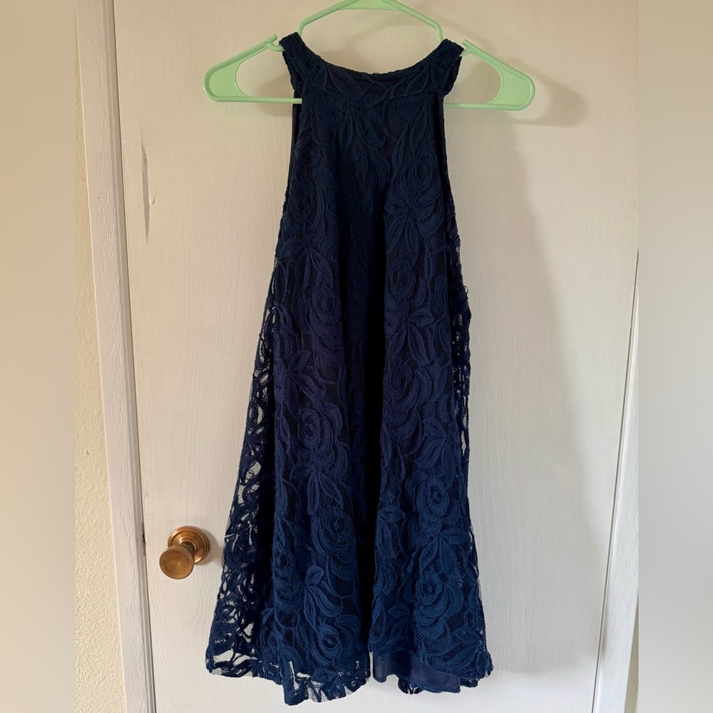 High neck, A-line, navy blue lace dress. Women’s medium.
